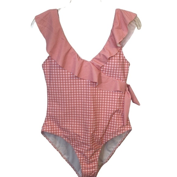Coral Pink Ruffles and Checked NWOT One Piece Swimsuit - Picture 1 of 5